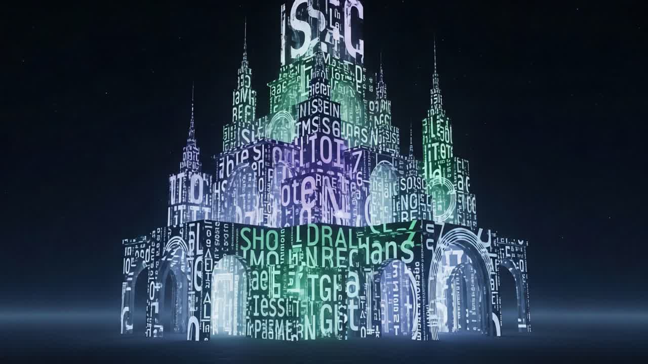 A Stunning Digital Castle Illuminated with Vibrant Text Displays, Showcasing an Artistic Fusion of Technology and Creativity in an Enchanting Visual Presentation