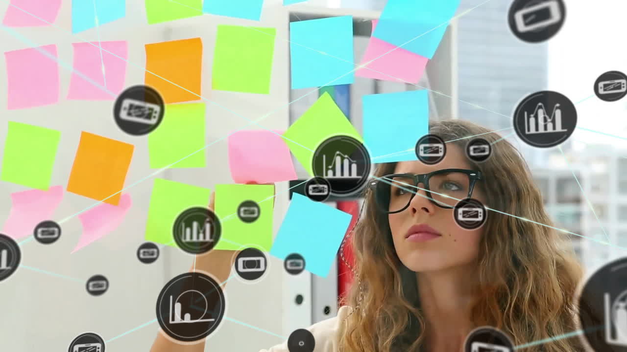 animación de la red de conexiones con iconos de estadística sobre la mujer de negocios caucásica en la oficina