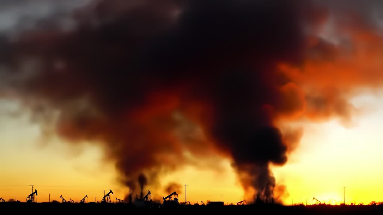 Spectacular Contrast of Oil Extraction: Smoky Silhouettes Against a Fiery Sunset Sky Capturing the Essence of Energy Production and Environmental Impact