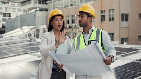 people, architect and blueprint on rooftop