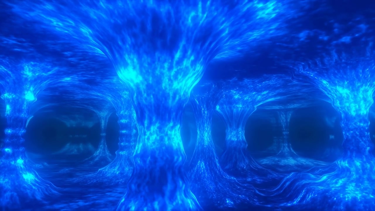 Scena panoramica di vortici colonnari ripetuti composti da liquido o energia blu luminescente disposti in file attraverso un interno immersivo