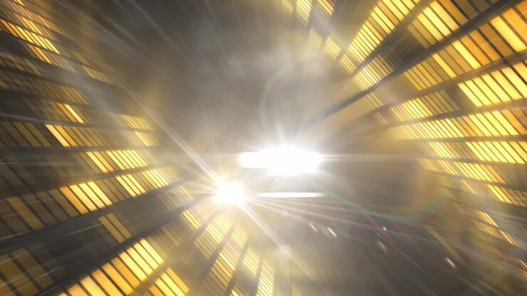 Animazione digitale di un punto luce brillante sopra un equalizzatore musicale su sfondo dorato.