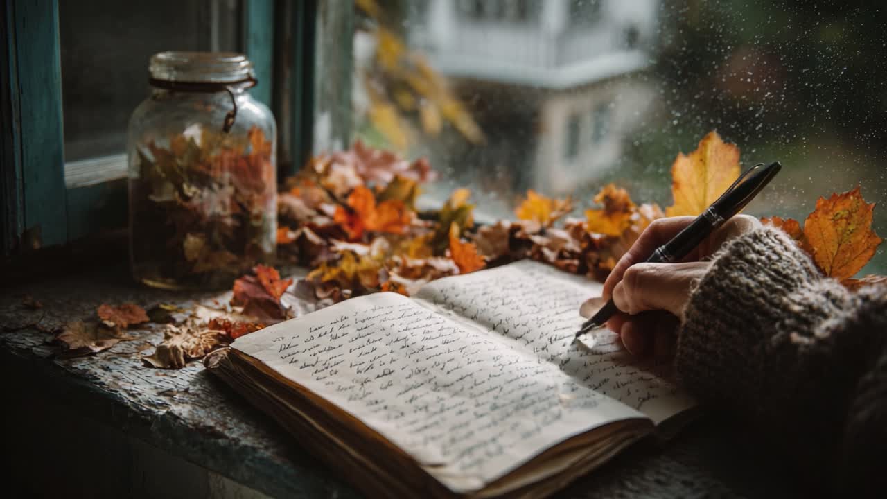 A Serene Autumn Scene: Capturing the Beauty of Nature through Writing in a Cozy Setting with Colorful Leaves and a Window View