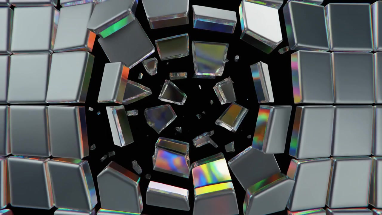 Animação Abstrata de Cubos Metálicos Quebrando-se em Fragmentos Flutuantes