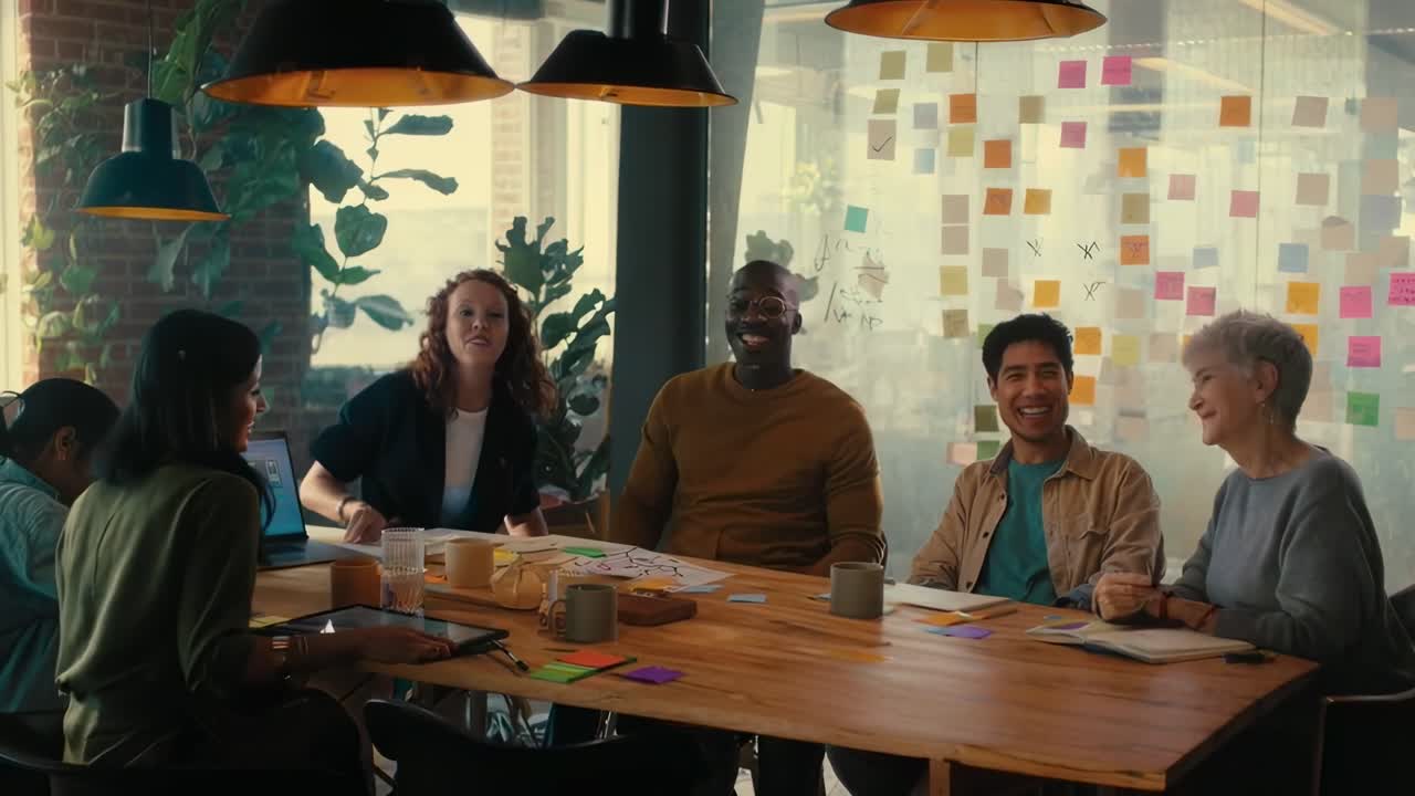 Video di riunione di team informale, ripreso all'altezza degli occhi, che mostra collaborazione e creatività.