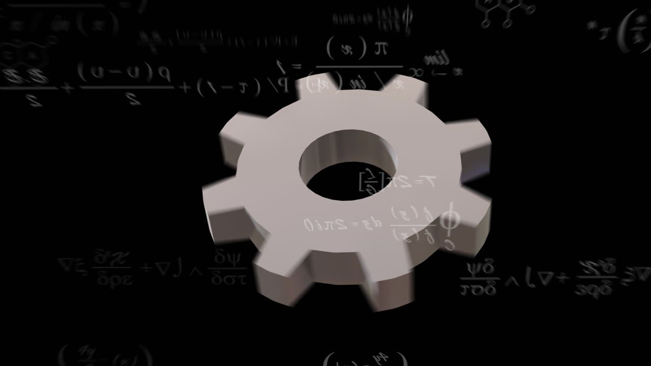 animación de engranajes giratorios y ecuaciones matemáticas sobre fondo negro