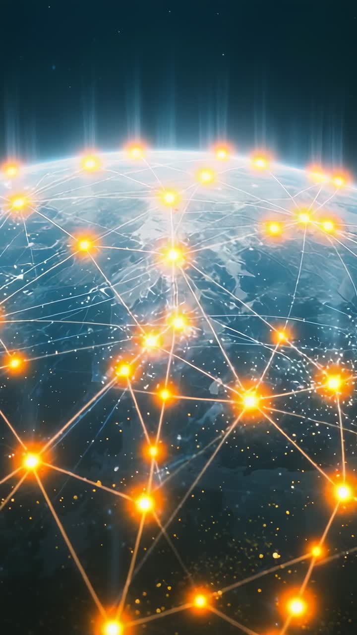 Vertical video: Forming Earth network in space as orange nodes lighting over cities, showing links