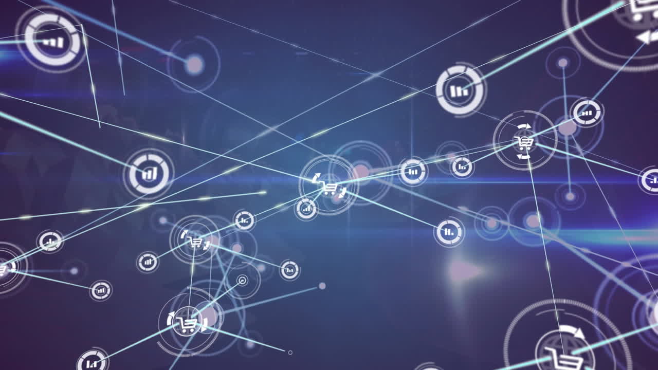 animación de iconos de gráficos y carritos que se conectan con líneas y destellos de lentes en un fondo abstracto