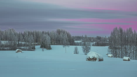 rural landscape with haybales covered in pure white snow on cold winter