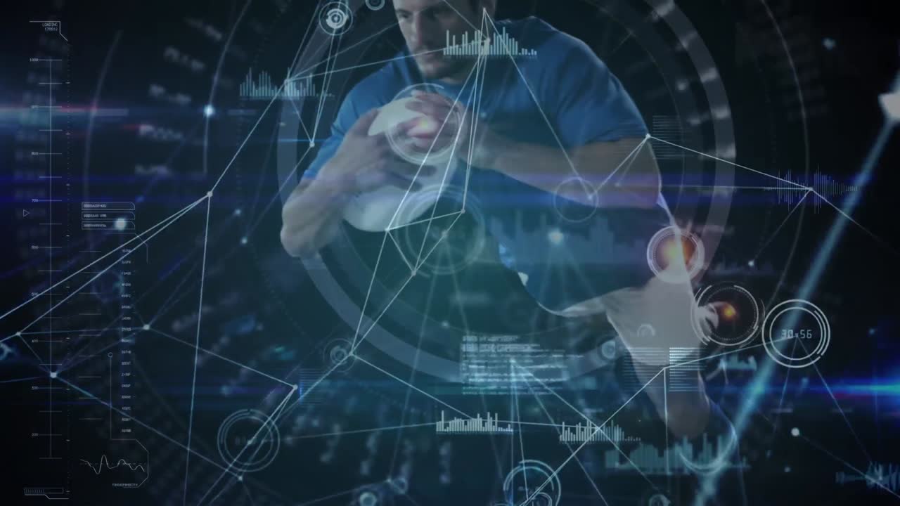 animación de conexiones y procesamiento de datos sobre un jugador de rugby caucásico