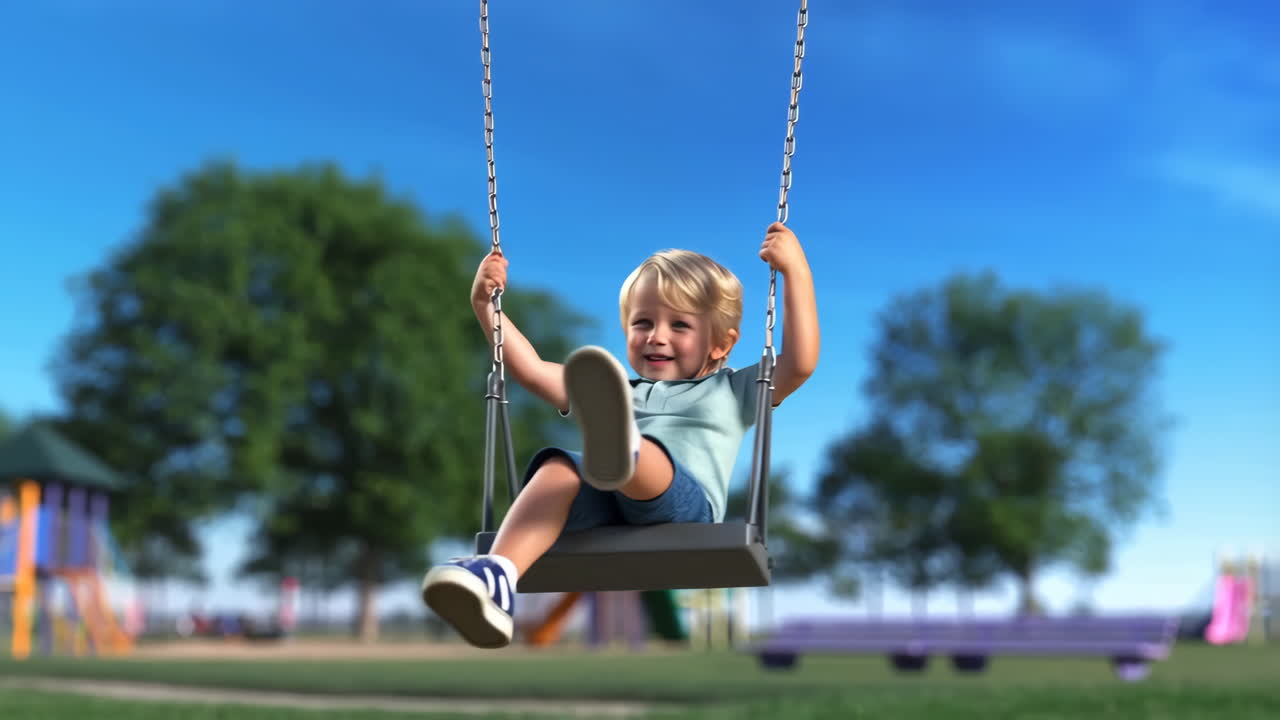 Bambino felice che si diverte sull'altalena in un parco