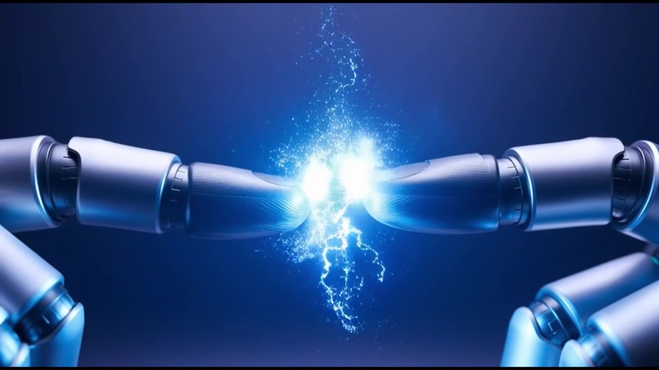 Robotic Arms Connecting with Blue Electrical Energy and Sparks