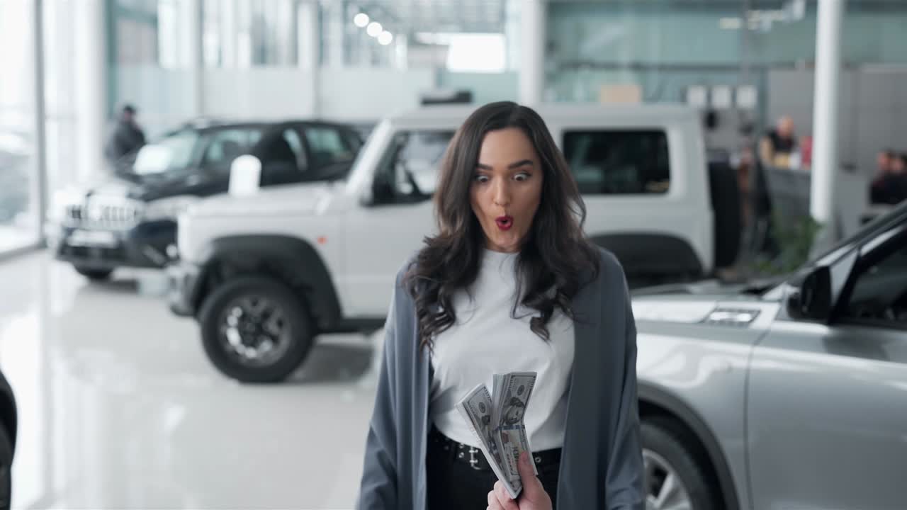 una mujer joven con un teléfono inteligente recibe ofertas rápidas sobre dinero y compras