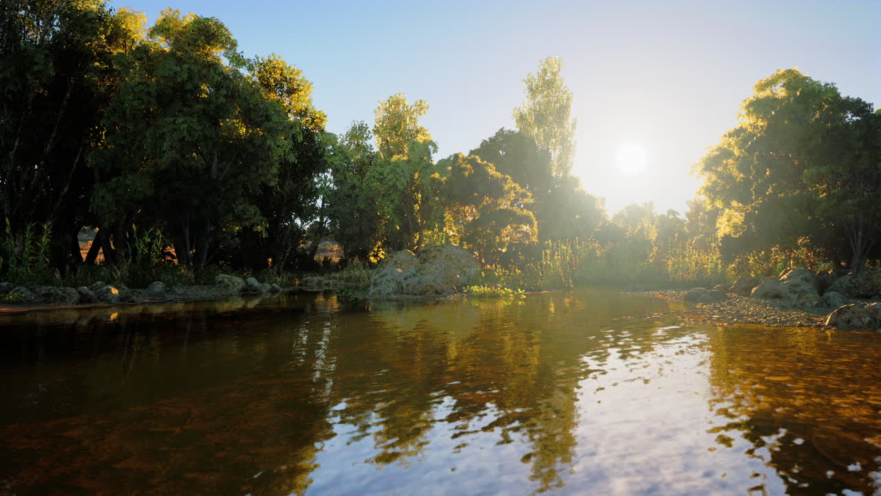 Sunrise over a tranquil river surrounded by lush greenery in nature