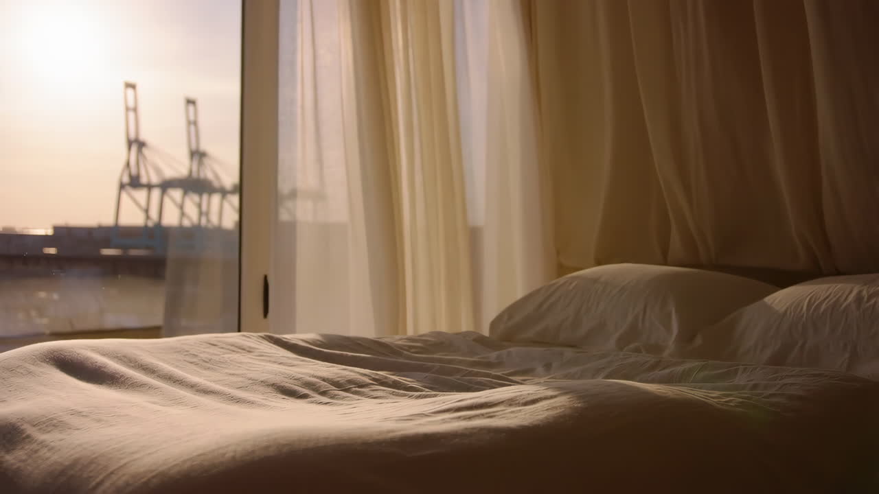 Bedroom View Overlooking a Harbor with Cranes at Sunrise or Sunset
