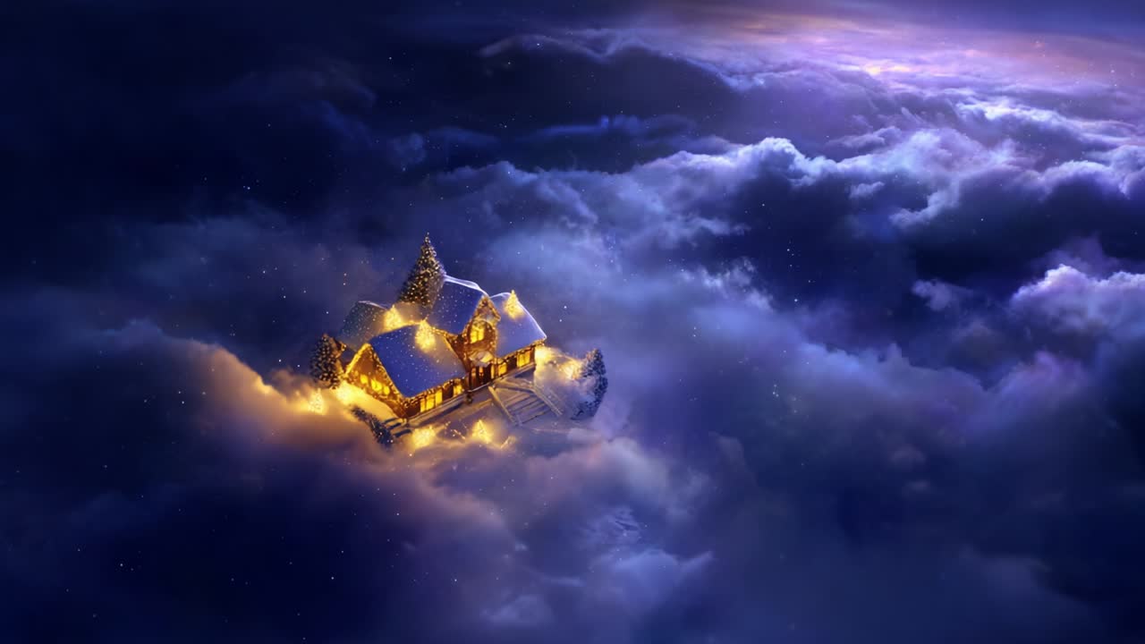 A mesmerizing winter wonderland depicting a cozy house nestled among fluffy clouds, illuminated by warm lights, creating a magical, serene atmosphere that captivates the viewer's imagination and evokes feelings of tranquility