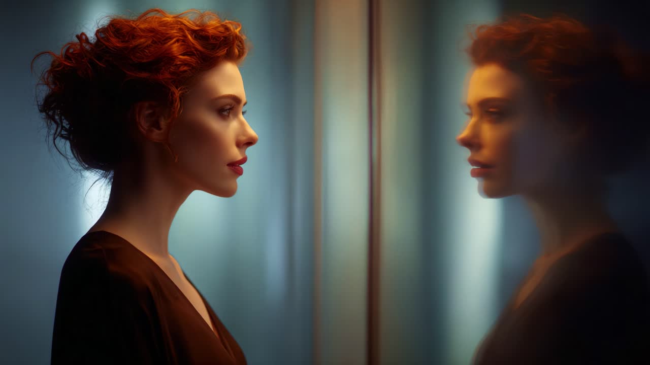 A Profound Reflection: Capturing the Intensity of Self-Discovery and Transformation through the Mesmerizing Gaze of a Woman in an Artistic Setting