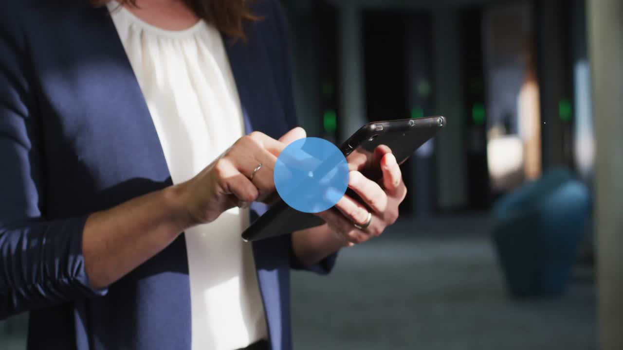 Businesswoman tapping phone screen and building data network with chart and pin icons for insights