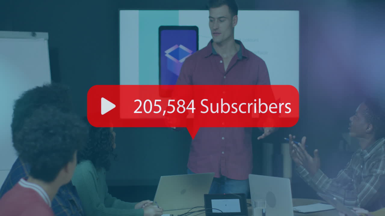 Discussing presentation with animation overlay, diverse team collaborating in office