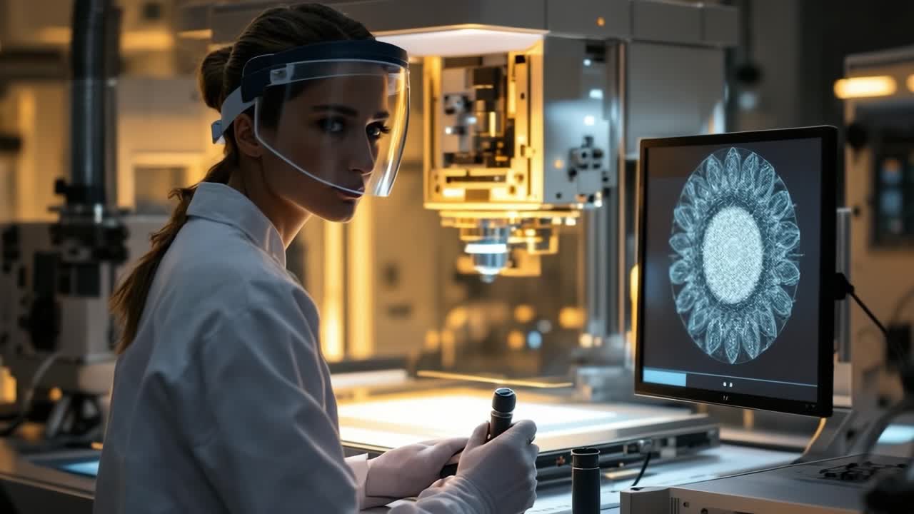 Female scientist in a white lab coat is focused on examining a specimen under a microscope, with a digital display showing intricate patterns in the background, highlighting scientific research