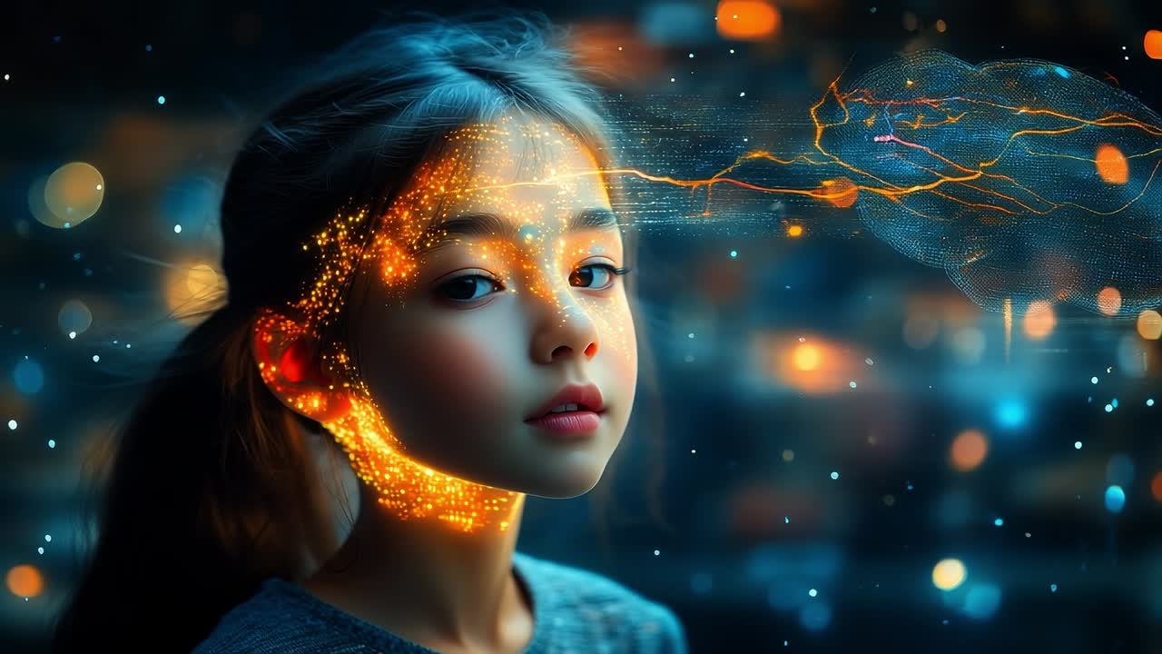 Glowing digital girl portrait. A girl gazes thoughtfully, surrounded by vibrant, glowing effects that create an ethereal atmosphere at night.