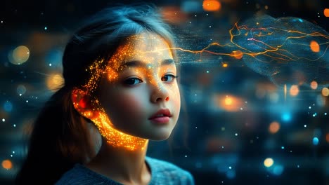 glowing digital girl portrait. a girl gazes thoughtfully, surrounded by vibrant, glowing effects that create an ethereal atmosphere at night.