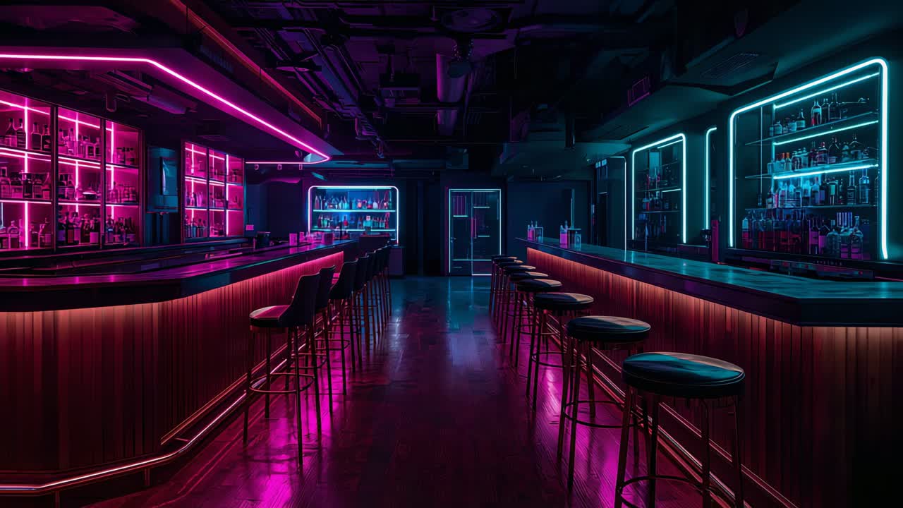 Empty neon bar interior showing floor glow from pulsing neon strips, lined stools and lit shelves