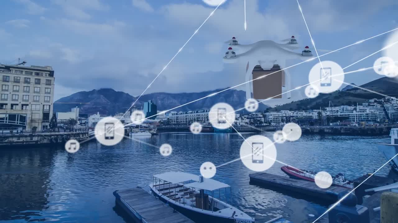 패키지를 운반하는 드론을 통해 아이콘으로 연결된 네트워크의 애니메이션