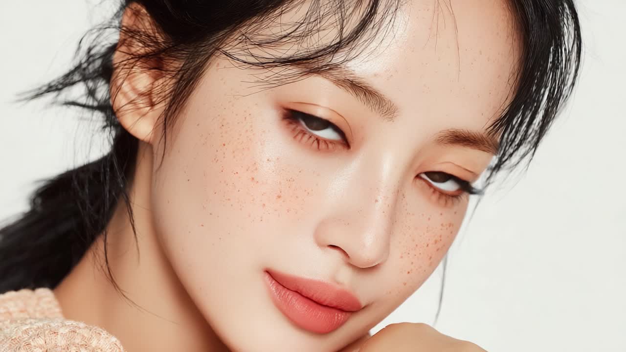 Captivating Portrait of a Young Woman with Freckles and Radiant Skin, Showcasing Natural Beauty and Elegance in a Soft Light Setting, Perfect for Beauty Lovers