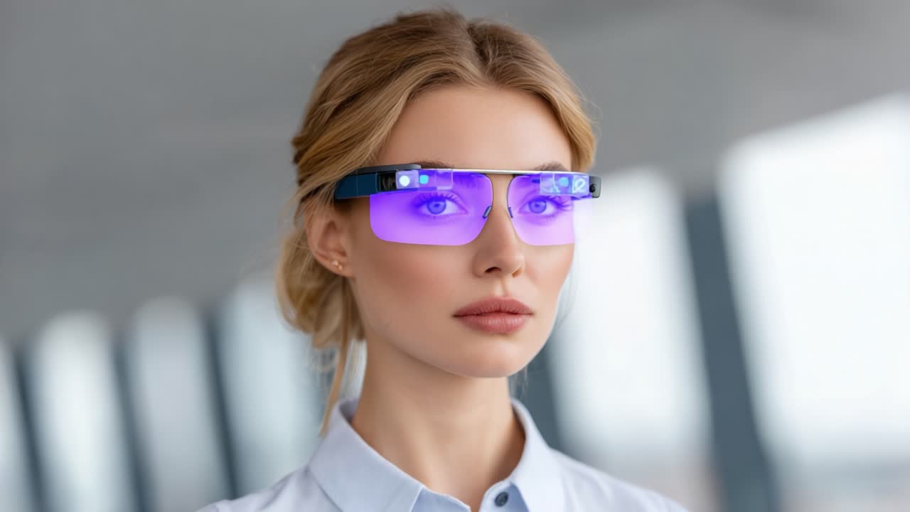 Una vetrina professionale moderna: una donna con occhiali smart che mostra una tecnologia innovativa in un ambiente minimalista