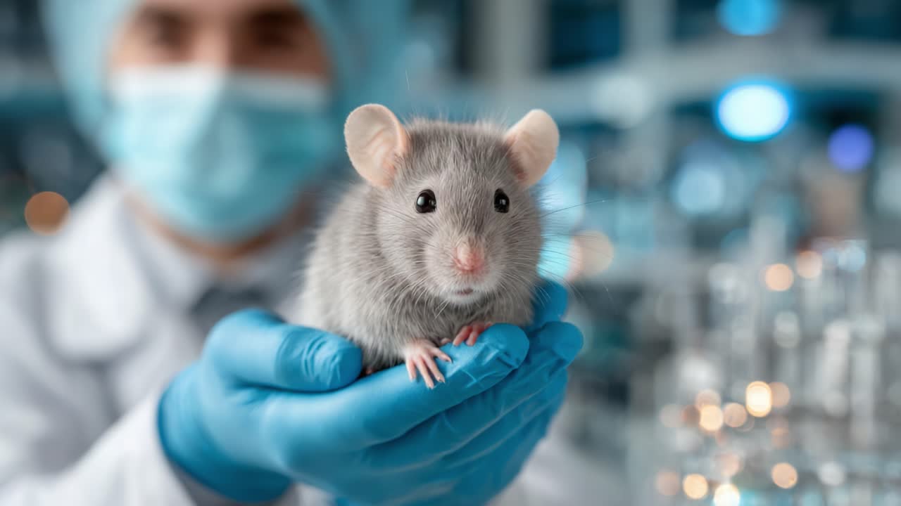 Uno scienziato tiene in mano un topo da laboratorio con un guanto, mostrando il ruolo fondamentale dei roditori nella ricerca e nella sperimentazione scientifica