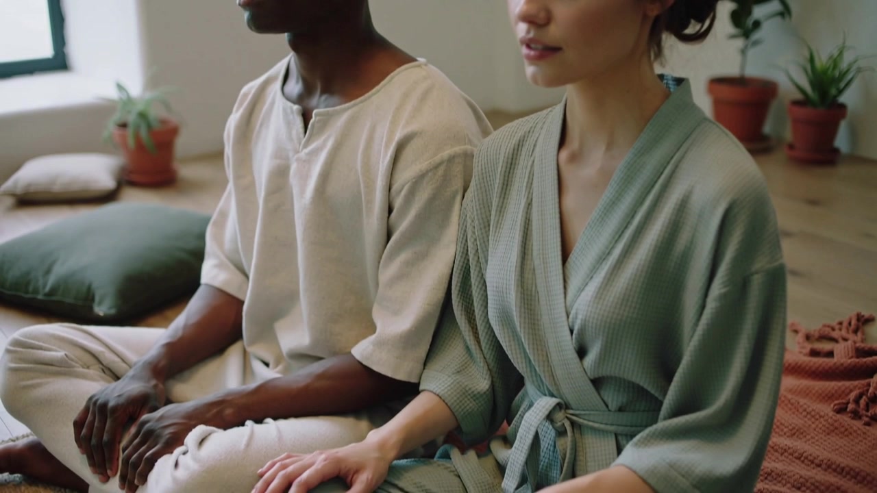 Coppia che pratica la respirazione seduta su un cuscino a terra in casa, con la donna in vestaglia che inspira e chiude gli occhi per meditare.