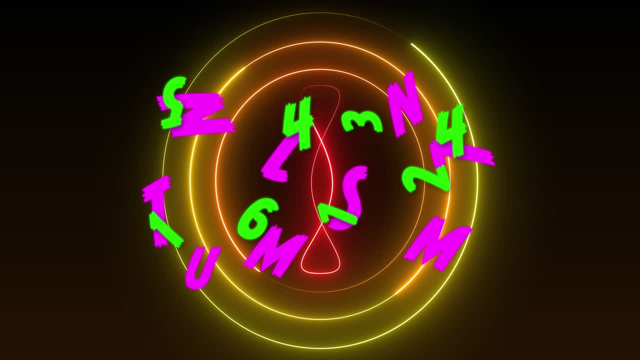 Animation of green numbers and pink letters over yellow and red neon design