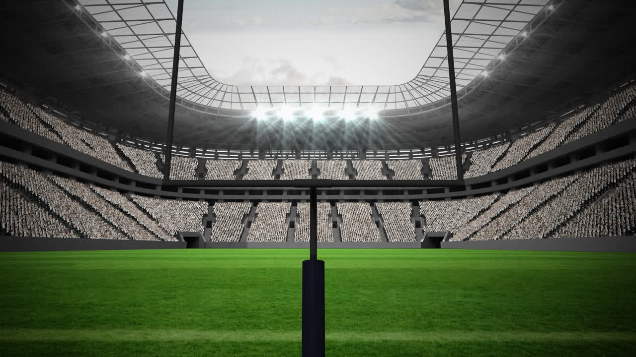 Animazione di pali e campo da football americano, con cielo nuvoloso in uno stadio sportivo.