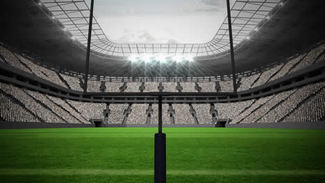 animation of american football goalposts and pitch, with cloudy sky at sports stadium