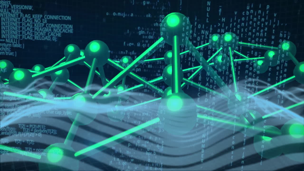 Animation of scientific data processing over dna strand on dark background