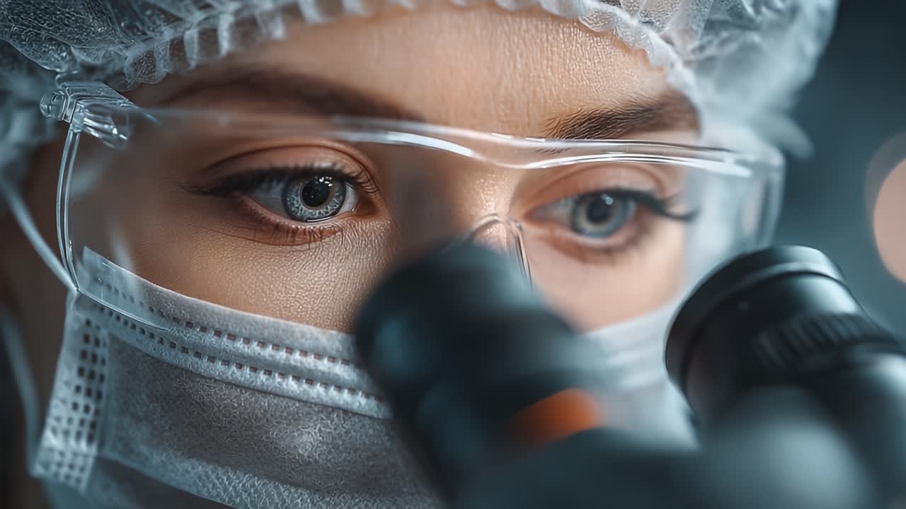 Ricercatore concentrato che esamina campioni al microscopio in un ambiente di laboratorio, evidenziando precisione e indagine scientifica con attenzione dettagliata all'occhio e all'attrezzatura