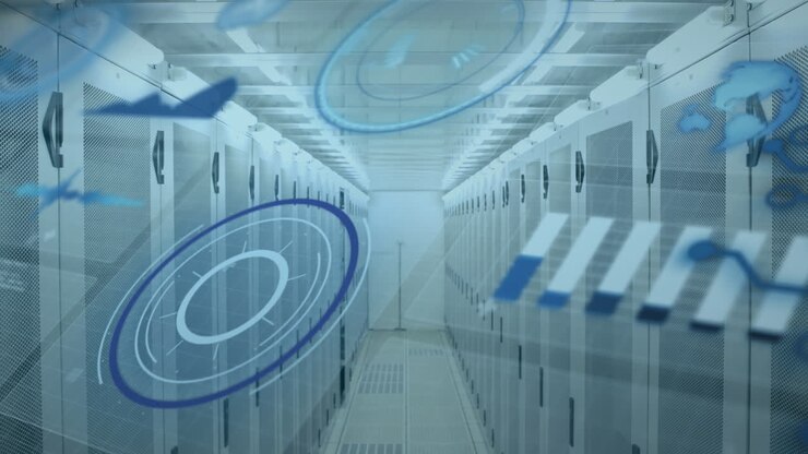 Animation of data processing over data center corridor
