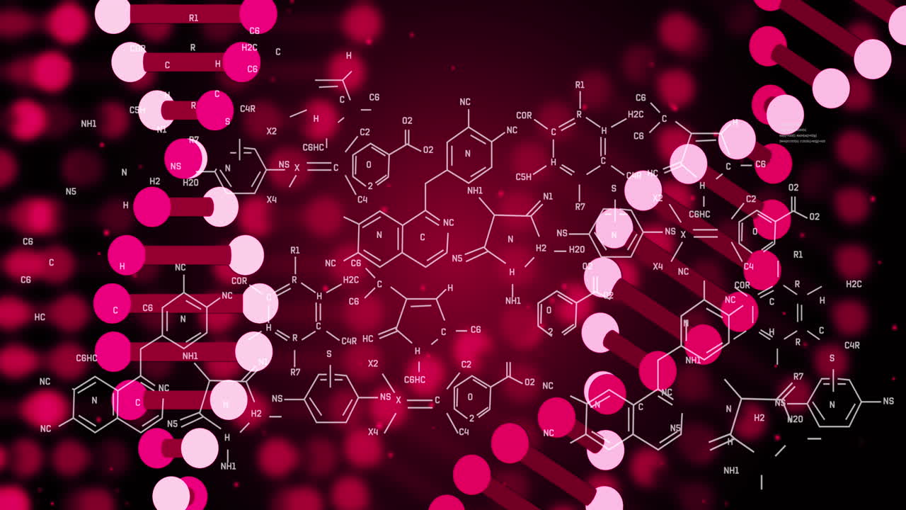 화학적 구조 위에 회전하는 dna 가닥의 애니메이션