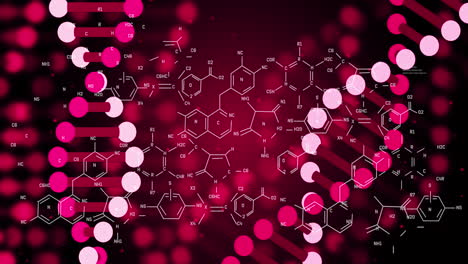 animación de cadenas de adn que giran sobre estructuras químicas