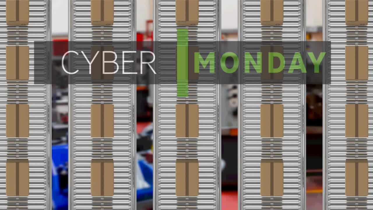 Animation of cyber monday text over cardboard boxes on conveyor belts in warehouse