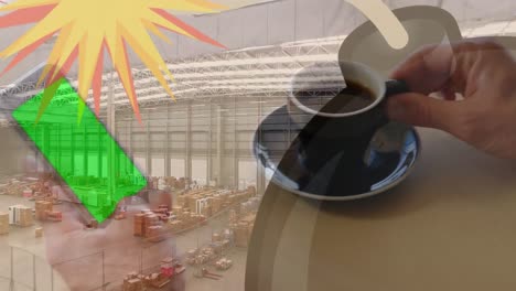 animation of hands using smartphone with copy space over warehouse