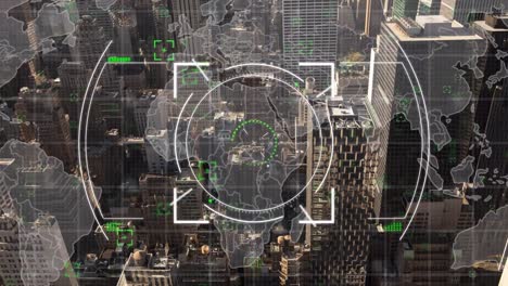 animation of scope scanning and data processing over cityscape