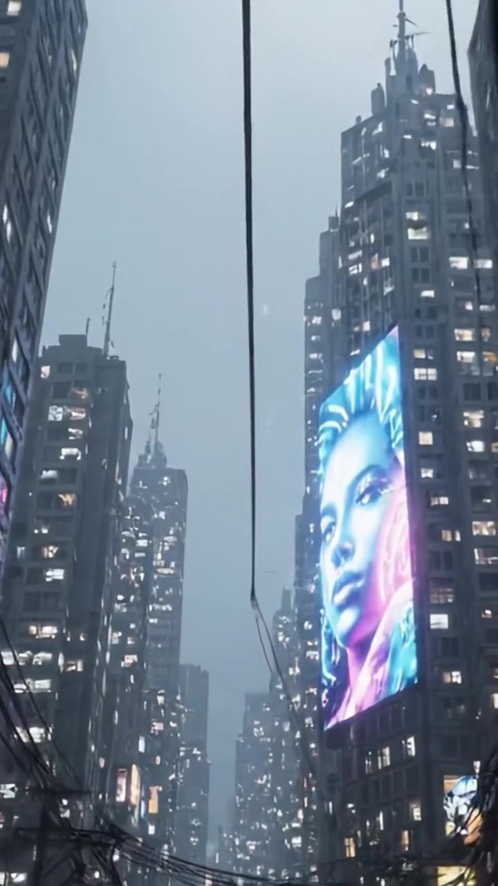 Un paisaje urbano sereno pero caótico: Un vistazo a una ciudad electrizante con cables eléctricos entrelazados y una deslumbrante valla publicitaria de neón que adorna el imponente horizonte