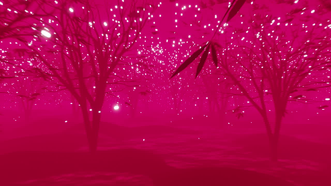 animación de nieve cayendo y árboles sobre fondo rosa