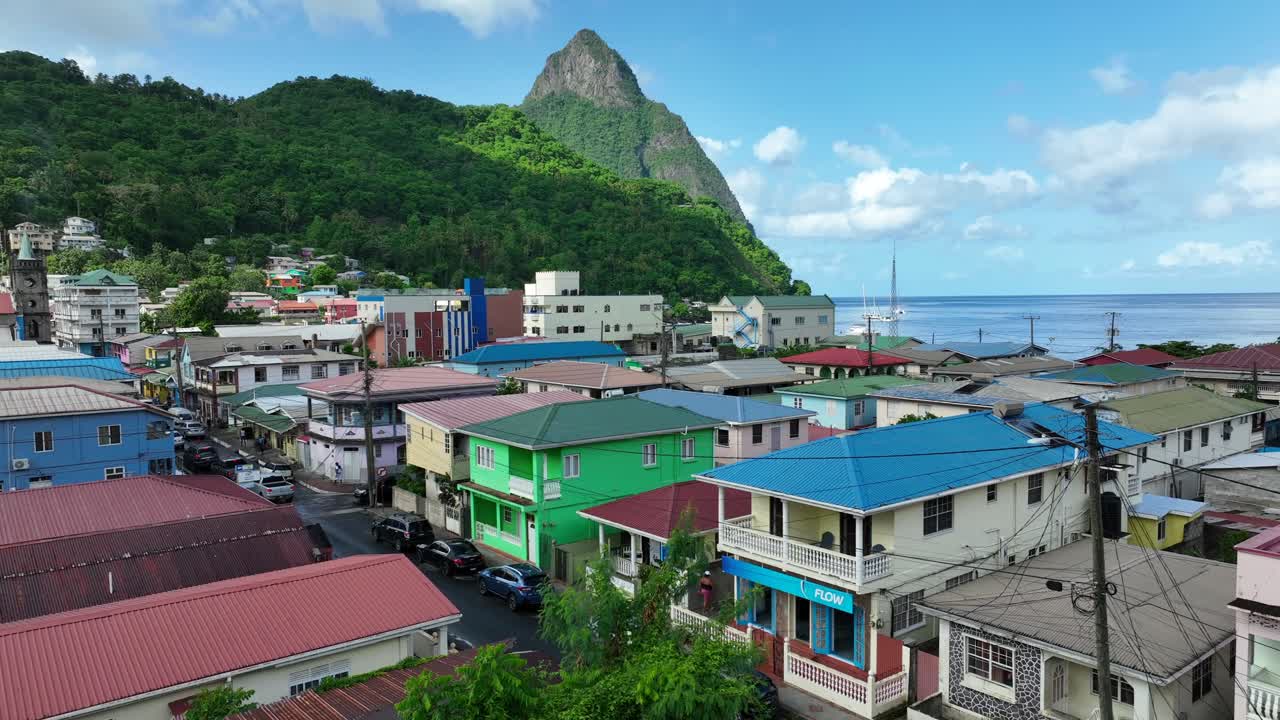 Colorful Houses and Piton Mountain in St. Lucia