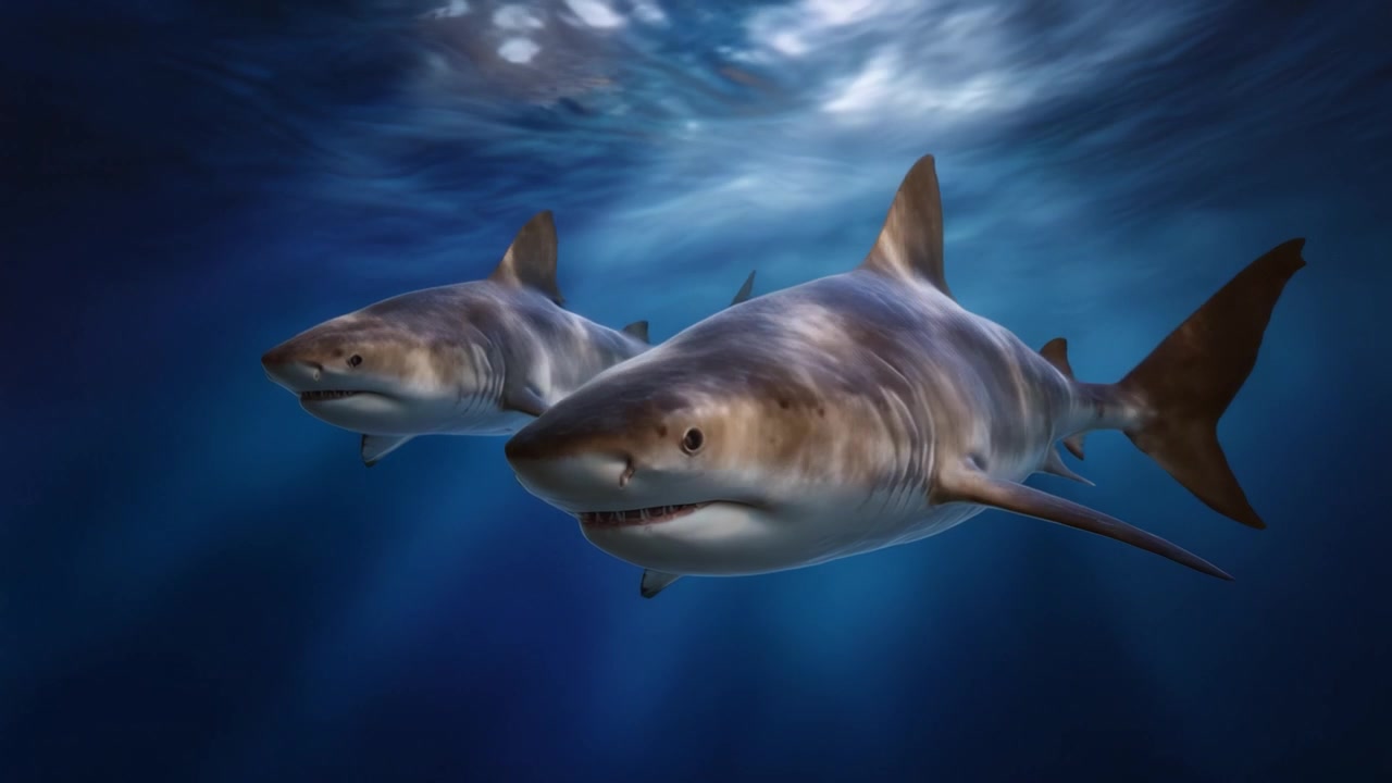Beneath the Waves: A Stunning Display of Two Sharks Gliding Gracefully Through the Depths of the Ocean, Capturing the Majesty and Mystery of Marine Life
