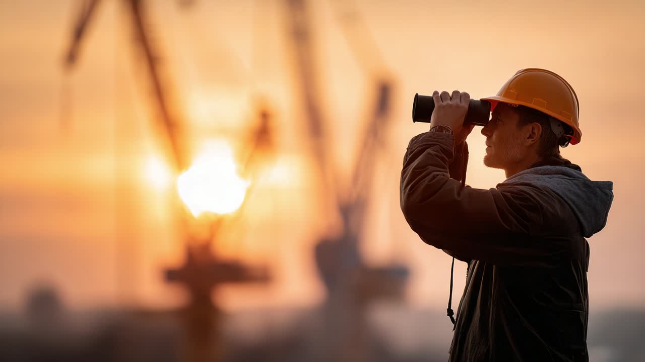 Construction Worker Using Binoculars at Sunset