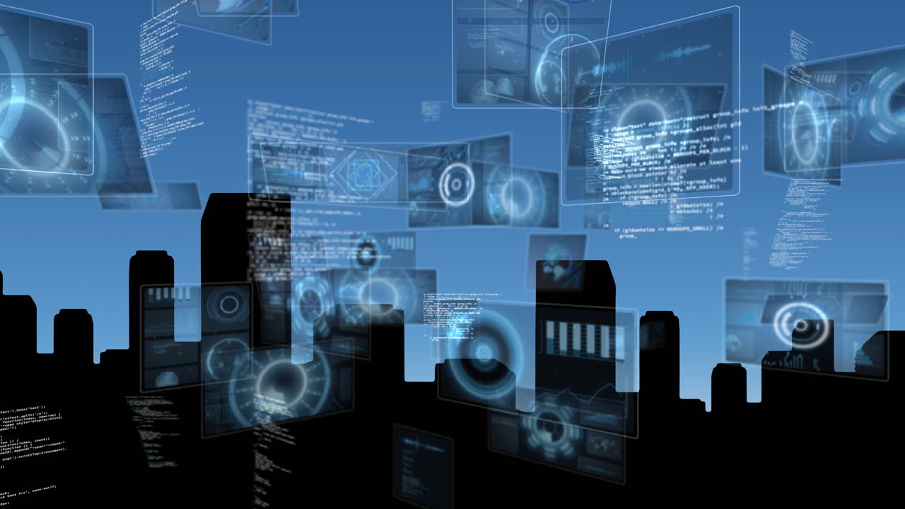 Video of data processing on screens over cityscape