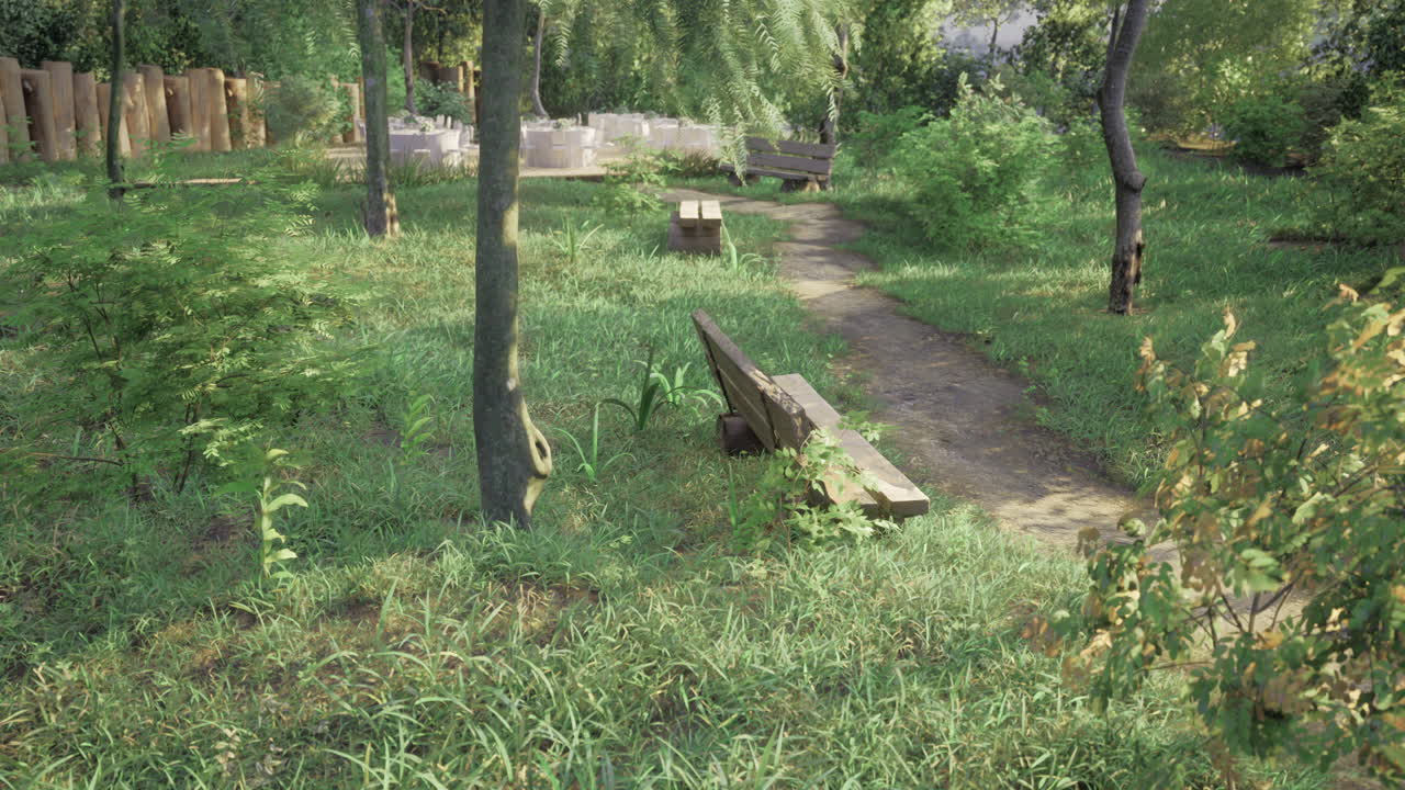Lush green park featuring benches and a winding path in natural surroundings